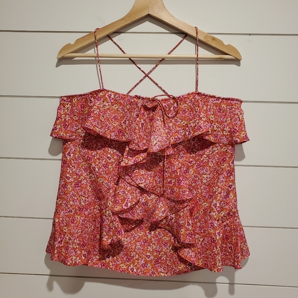 Banana Republic Tops - Banana republic small 100% silk floral tank top ruffle flowy pink flower shirt